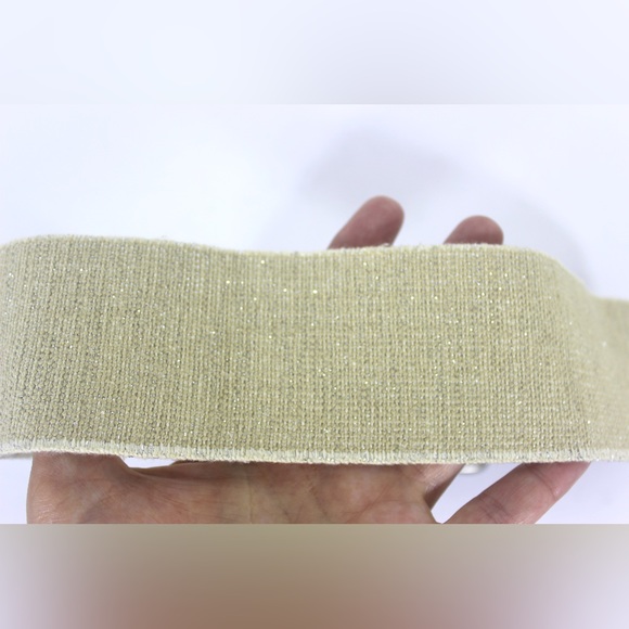 Wide Sparkly Beige Stretch Belt with Cognac Brown Leather Ends and Silver Buckle - Picture 8 of 8